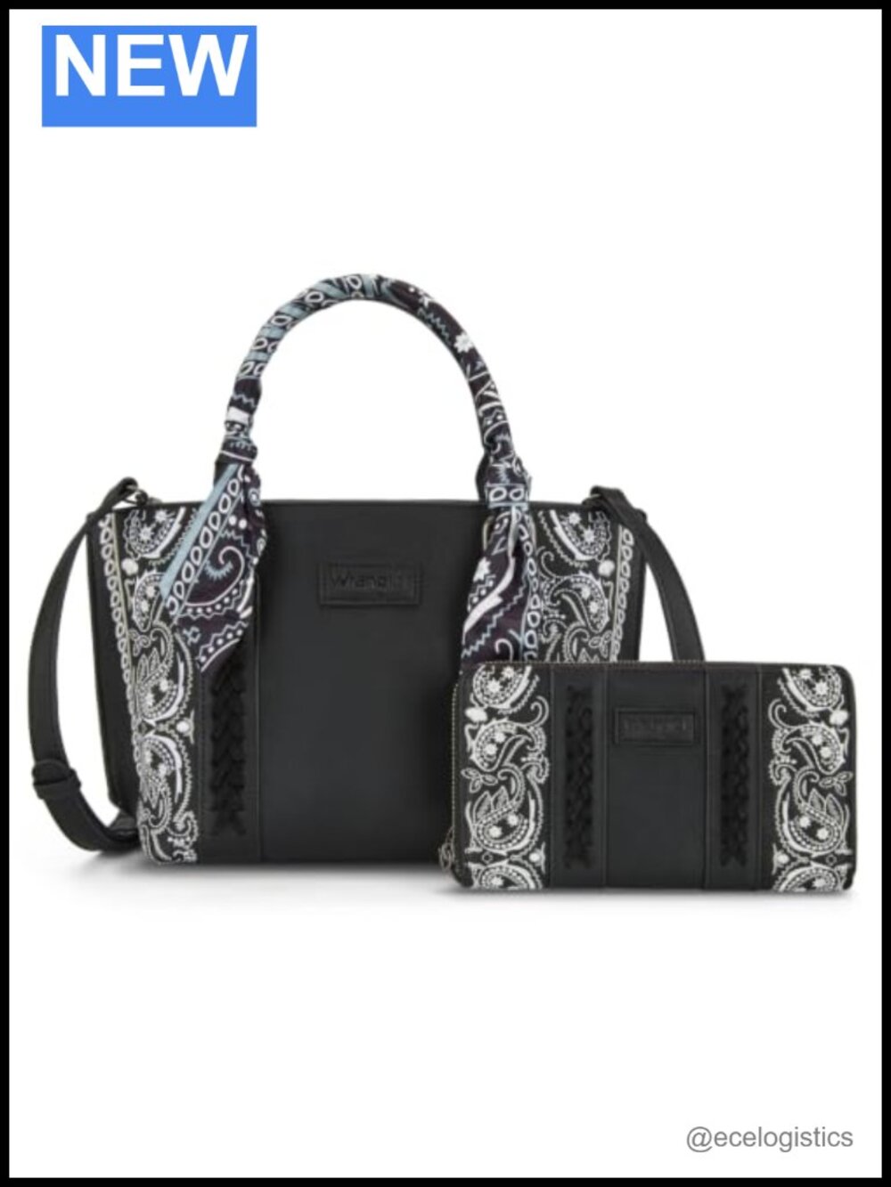 2Pc Western Tote Handbag Set with Paisley Scarf Handles Vegan PU Leather